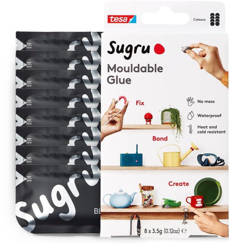 Sugru kneedbare lijm van tesa, 8-pack (8 x 3,5 g) in zwart