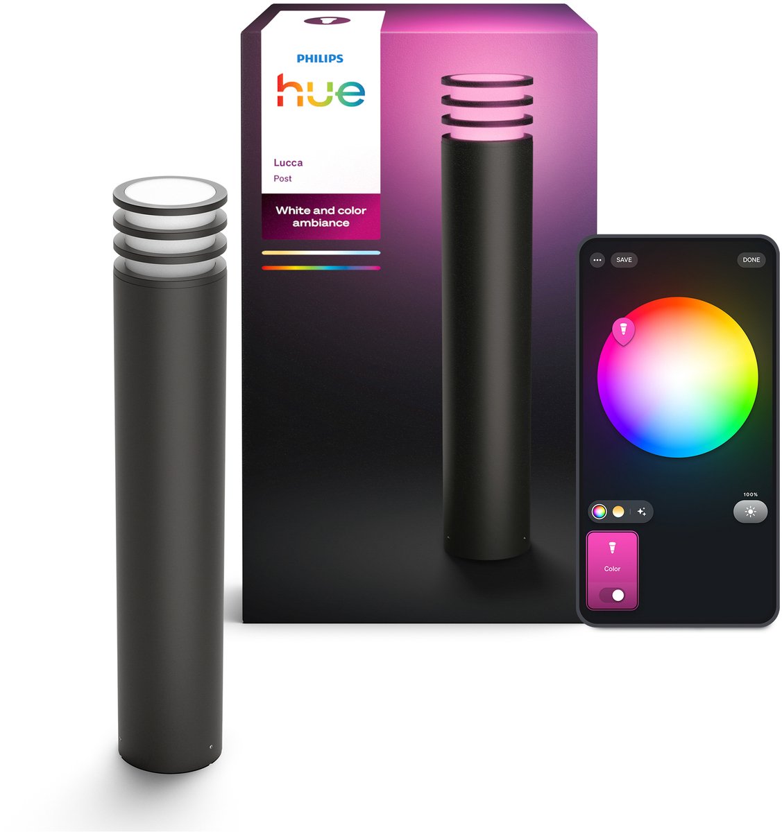 Philips hue lucca hoge sokkellamp - tuinverlichting - antraciet grijs - ip44 weer- en windbestendig - wit en gekleurd licht -slimme verlichting - 1100 lumen - compatibel met matter