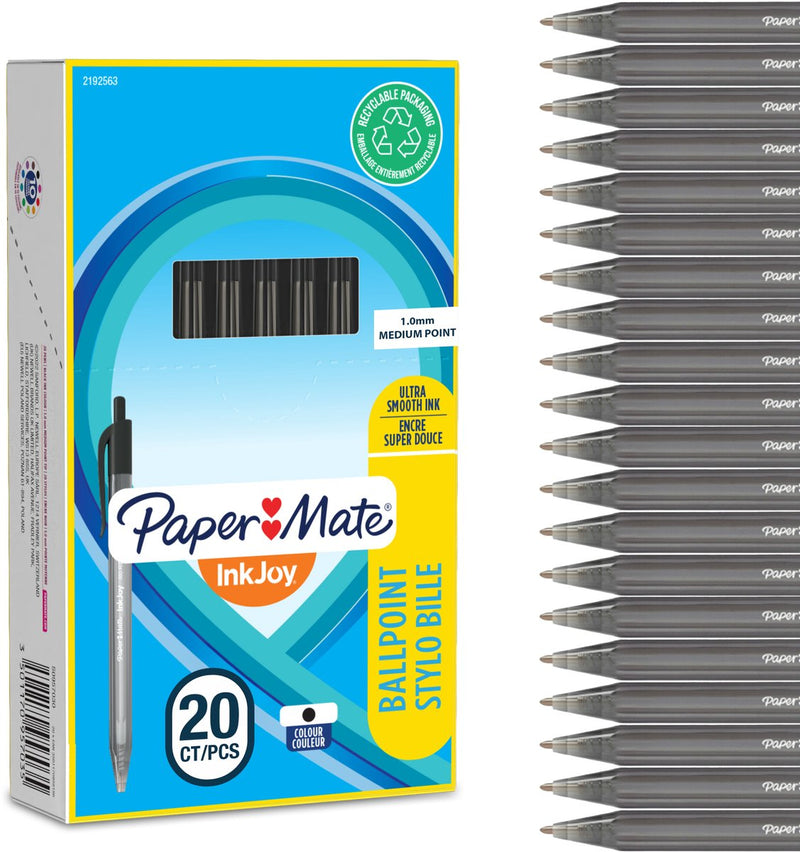 Paper mate inkjoy 100rt-balpennen met drukknop | medium punt (1,0 mm) | zwart | 20 stuks