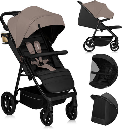 Lionelo mira kinderwagen - wandelwagen - voor kinderen tot 22 kg - voorwielen 360° - verstelbare rugleuning handgreep - waterdichte xxl luifel met upf50+ - 5-puntsgordel - grote off-road wielen - volledige schokdemping - compact opvouwbaar