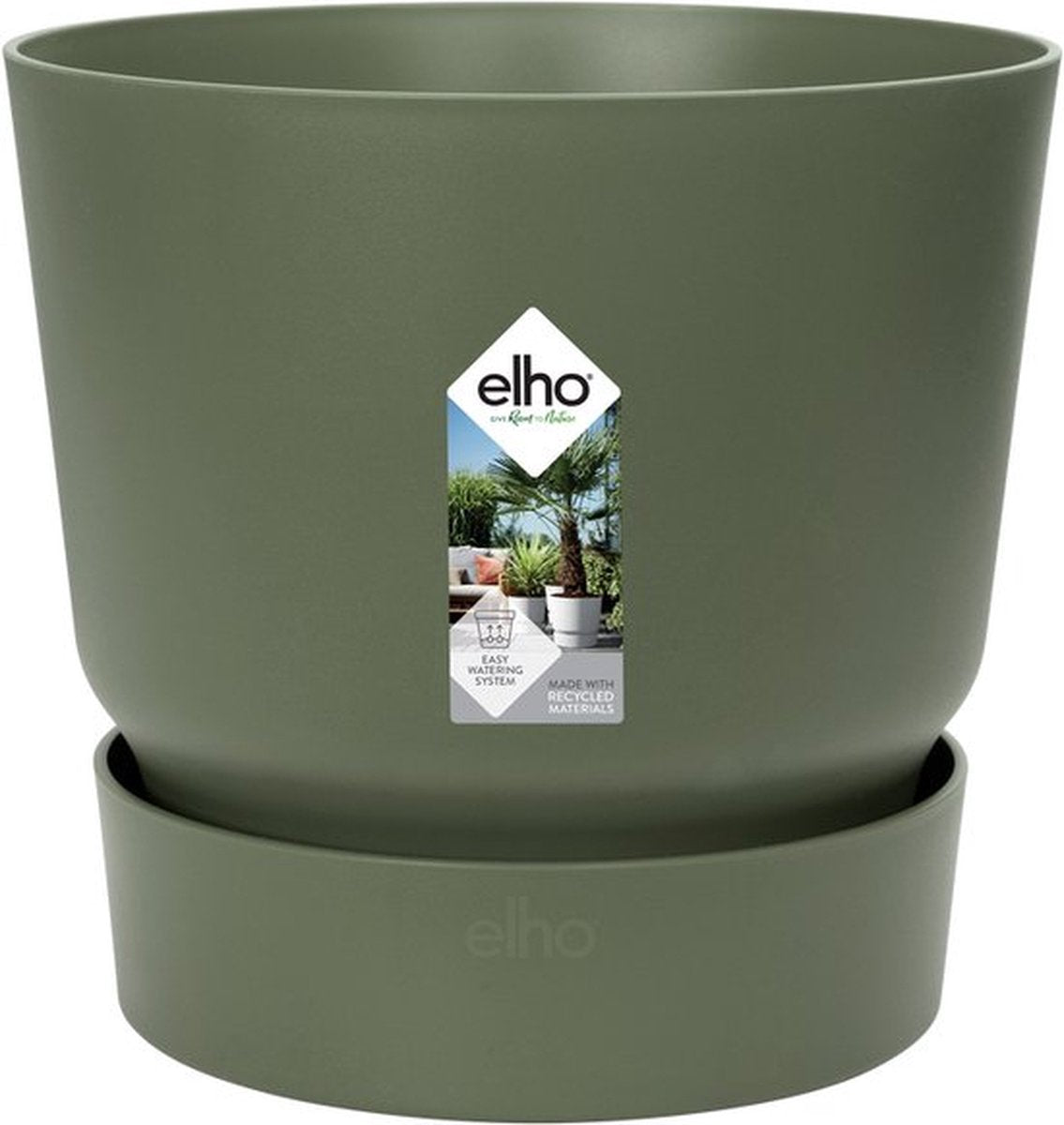 Elho greenville rond 40 - grote bloempot voor buiten met waterreservoir - 100% gerecycled plastic - ø 39 x h 36.8 cm - blad groen