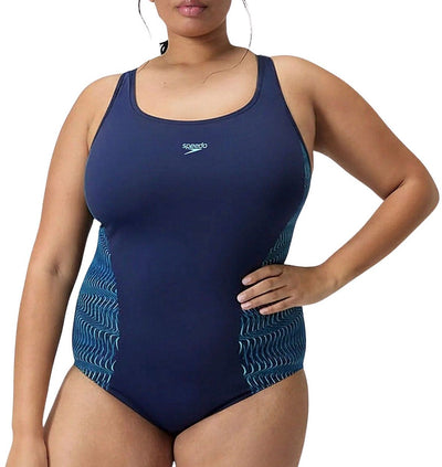 Speedo plus size placement medalist 1 piece dames sportbadpak - badpak dames grote maten - vormvast zwempak dames - sportbadpak dames met medalist-rug - marine blauw - 50