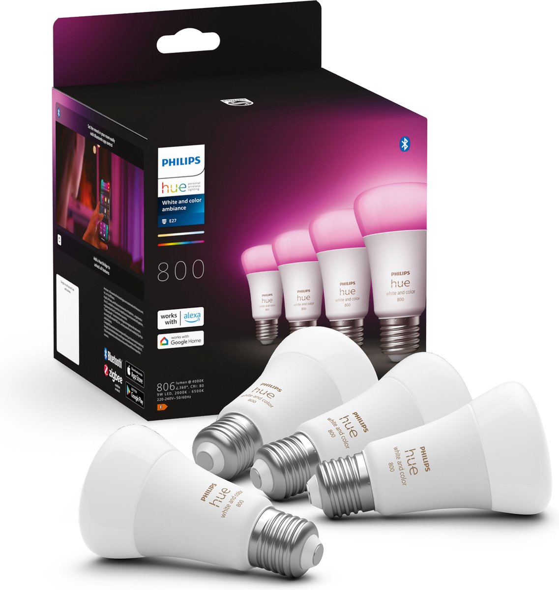 Philips hue lampen - wit en gekleurd licht - led - e27 - 6,5w - 806 lumen - 4 stuks