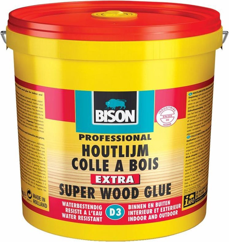 Bison houtlijm extra emmer 3 kg, hoogwaardige houtlijm, voor binnen en buiten, droog tranpsarant op, sterker dan hout, oplossmiddelvrij, d3, overschilderbaar