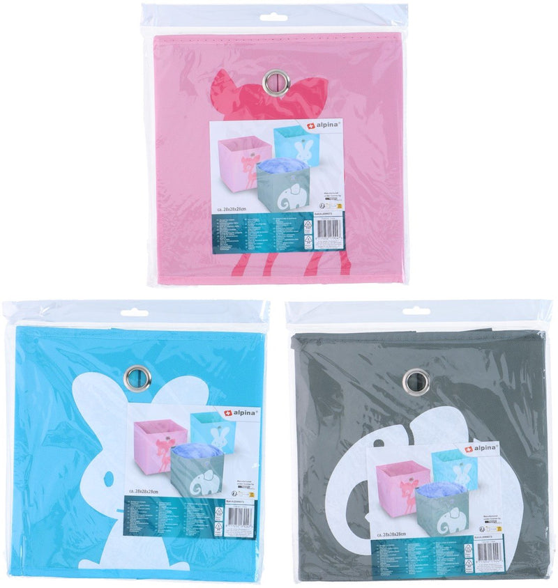 Alpina opbergdozen kinderkamer - set van 3 opvouwbare opbergboxen met dierenprint - stevige kartonnen opbergmanden met metalen greepoog - afmeting 28 x 28 x 28 cm - kleur blauw, grijs en roze