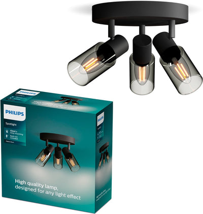 Philips led philips palms spot - plafondspot met drie lichtpunten - met gerookt glas - kleine fitting e14 - ronde basisplaat