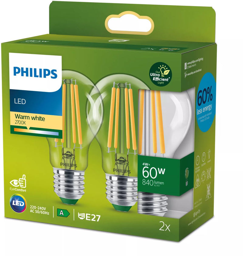 Philips led lamp transparant - 60 w - e27 - warmwit licht - 2-pack - bespaar op energiekosten