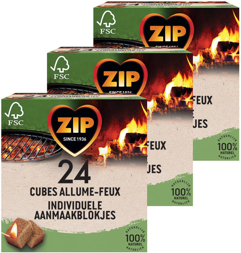 Zip aanmaakblokjes 72 stuks - openhaard bbq blokjes - individueel verpakt - aanmaakblokjes bruin - natuurlijk en geurloos - 3 x 24 stuks