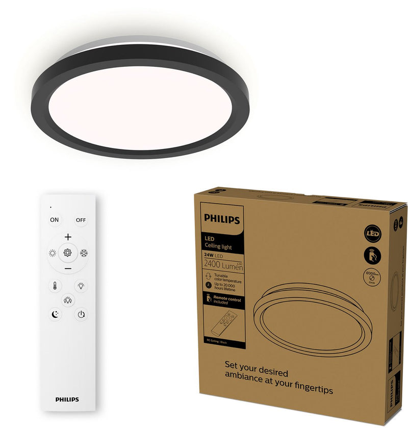 Philips led philips all-in-one plafondlamp - met afstandsbediening - 24w - led-verlichting - warm- tot koelwit licht; 2700k tot 6500k - 30 cm - zwart - rond