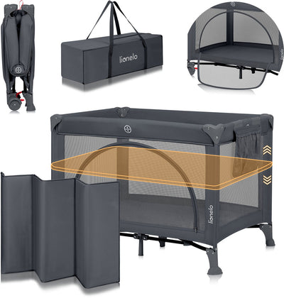 Lionelo laura - compact 3 in 1 campingbedje, box babybed - compact reisbedje voor baby 0-36 maanden – 2 matrashoogtes – t25 schuimmatras – wielen met rem – mesh zijpanelen zijdeur – opvouwbaar – inclusief draagtas opbergvak