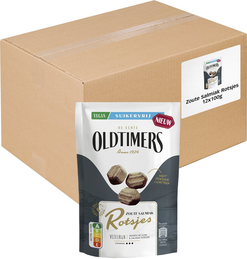 Oldtimers - drop - zoute salmiak rotsjes suikervrij - 12 zakjes - 100 gram