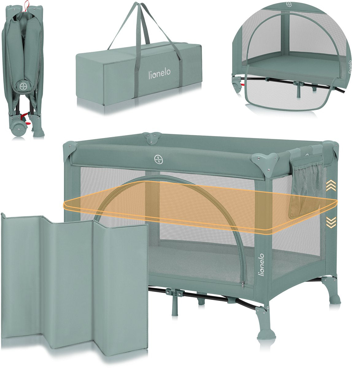 Lionelo laura - compact 3 in 1 campingbedje, box babybed - lichtgewicht - 2 hoogtes - wielen met rem - gaas zijpanelen peuter ingang - inclusief draagtas opbergzak - reisbedje