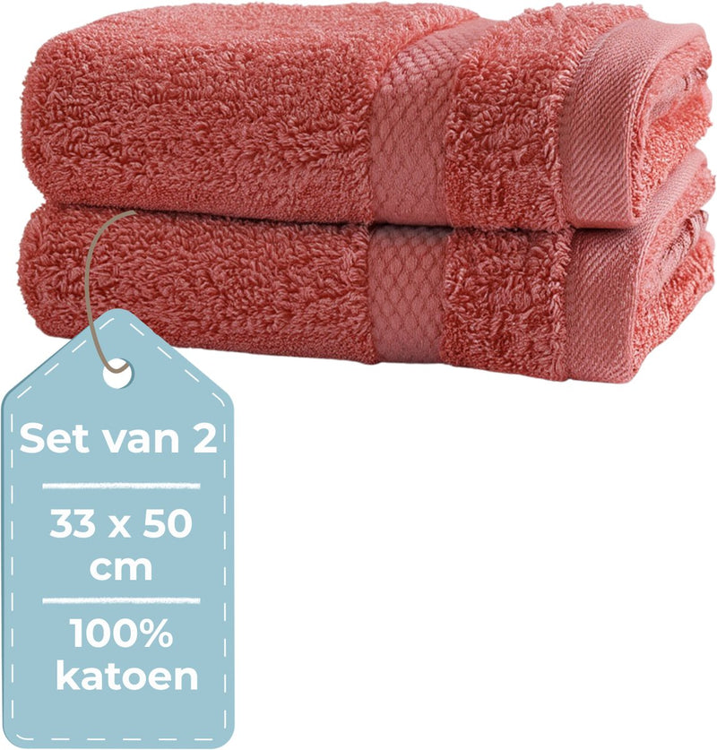 Hush. living hush living gastendoek - set van 2 - 33×50 cm - 100% katoen - zware kwaliteit 500g m2 - stijlvol boord en ophanglus - koraal
