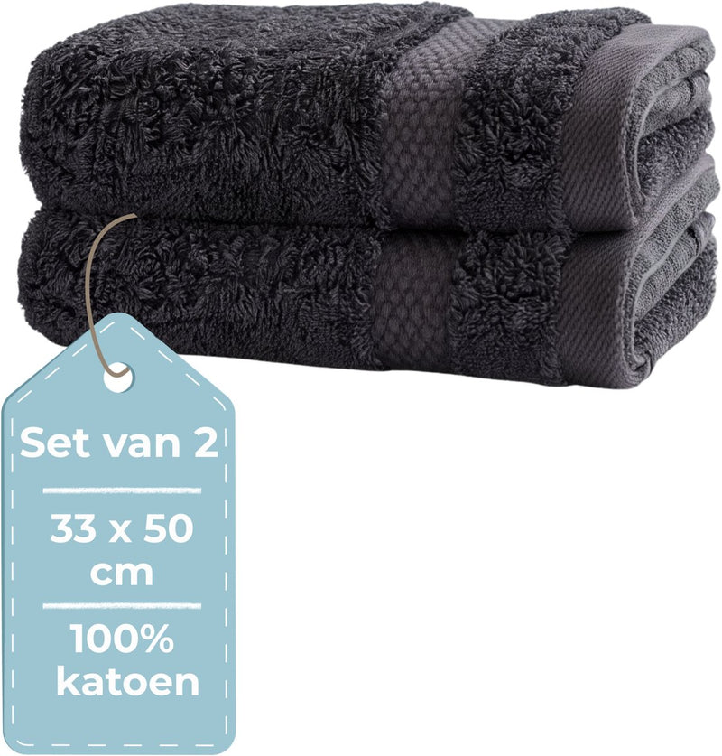 Hush. living hush living gastendoek - set van 2 - 33×50 cm - 100% katoen - zware kwaliteit 500g m2 - stijlvol boord en ophanglus - antraciet