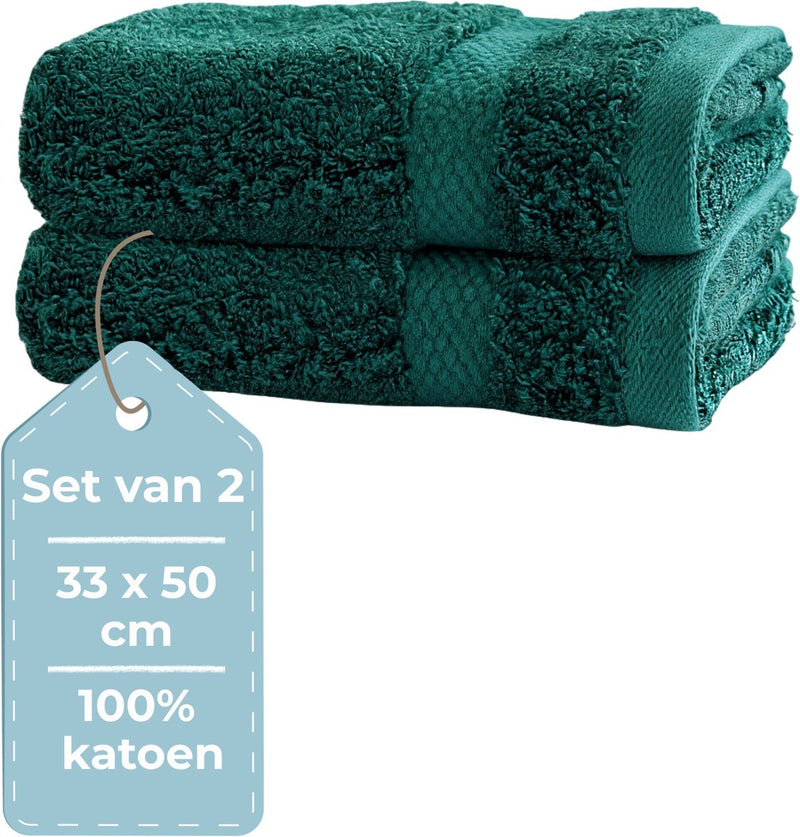 Hush. living hush living gastendoek - set van 2 - 33×50 cm - 100% katoen - zware kwaliteit 500g m2 - stijlvol boord en ophanglus - donkergroen