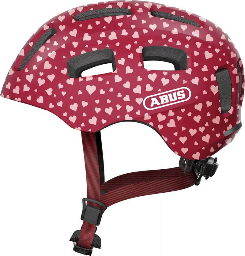 Abus fietshelm youn-i 2.0 - met licht voor kinderen, tieners en jongvolwassenen - voor meisjes en jongens - rood met hartjespatroon, maat m