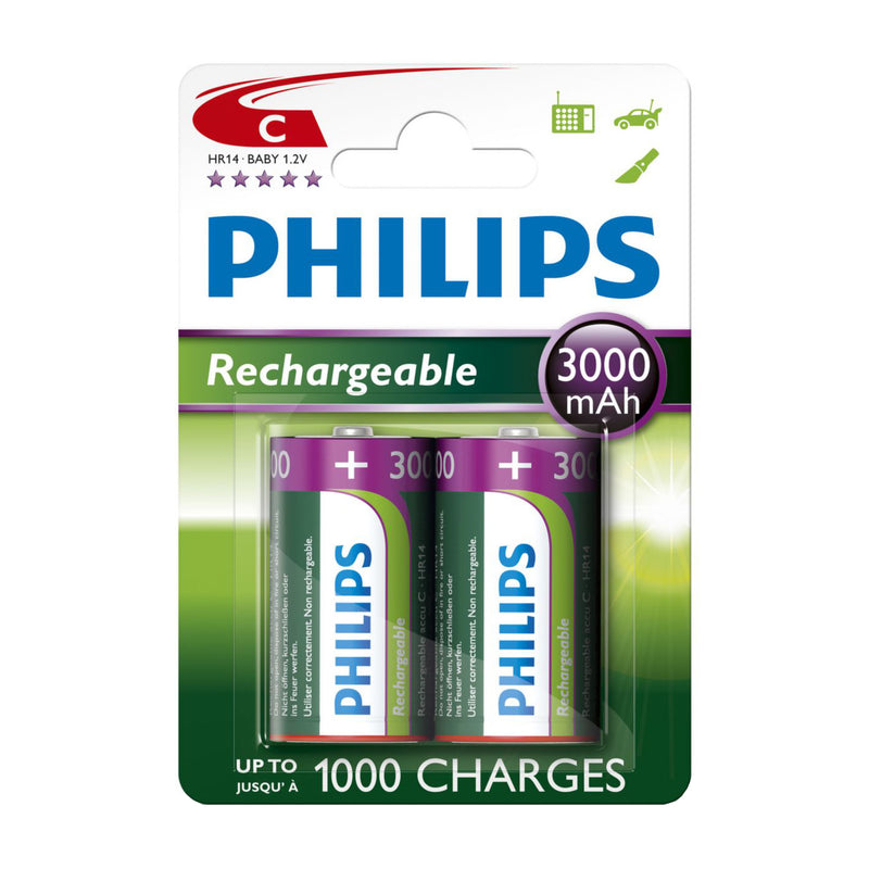 Battery sales europe oplaadbare batterijen philips rechargeable nimh c hr14 3000mah, 2st.