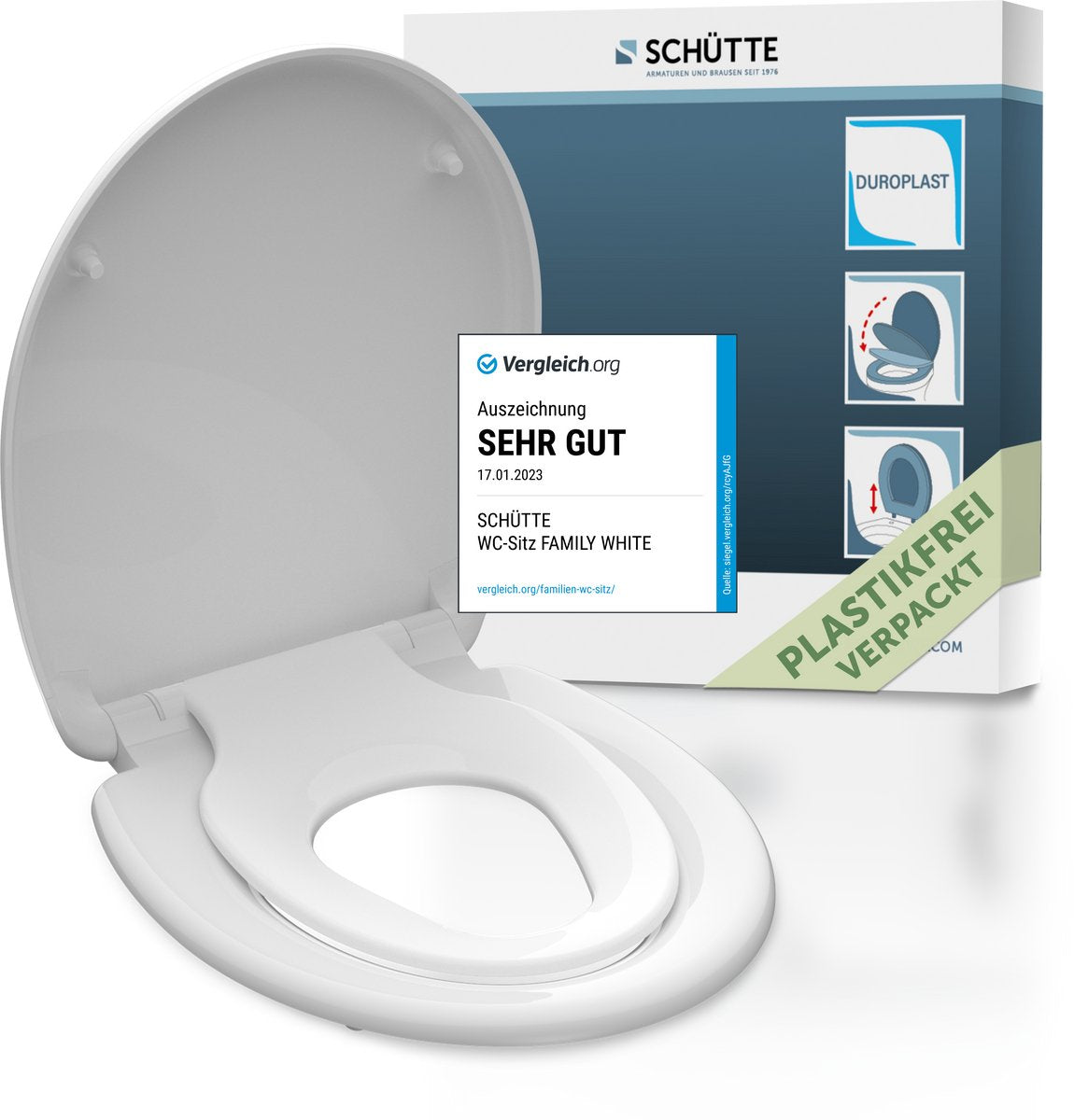 Schütte wc-bril 82940 family white - duroplast - soft close - afklikbaar - geïntegreerde kinderzitting - gelakt - wit