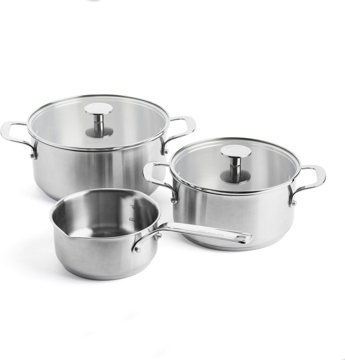Kitchenaid stainless steel kookpannenset 5-delig - 16 20 24cm - 1.5 3.1 4.8l - pfas-vrij - rvs pannenset - pannenset inductie - ovenbestendig tot 220°c - met glazen deksel - zilver