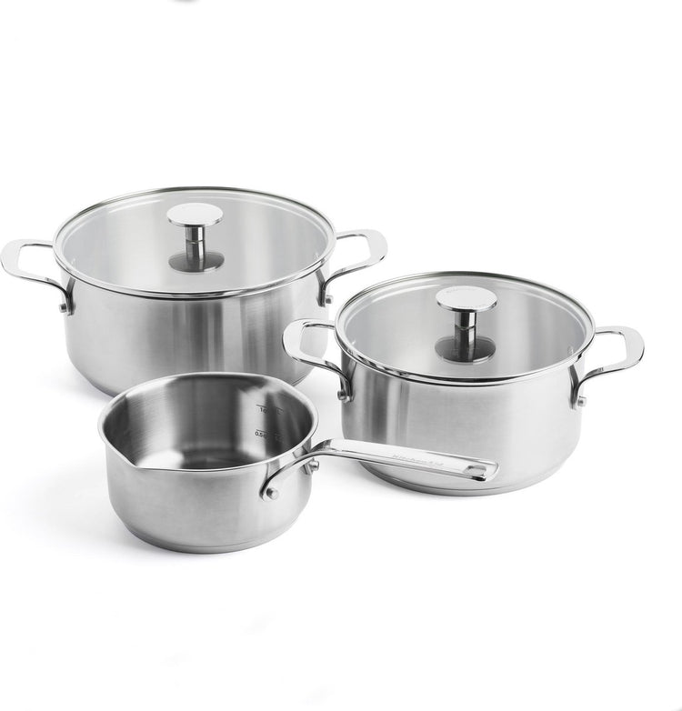 Kitchenaid stainless steel kookpannenset 5-delig - 16 20 24cm - 1.5 3.1 4.8l - pfas-vrij - rvs pannenset - pannenset inductie - ovenbestendig tot 220°c - met glazen deksel - zilver