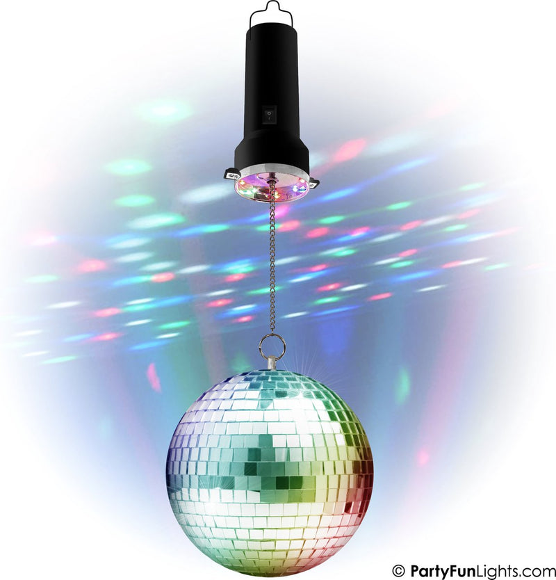 Partyfunlights - roterende spiegelbol partyset met multi-color led - inclusief motor - 20cm spiegelbol - 8 lichtpunten
