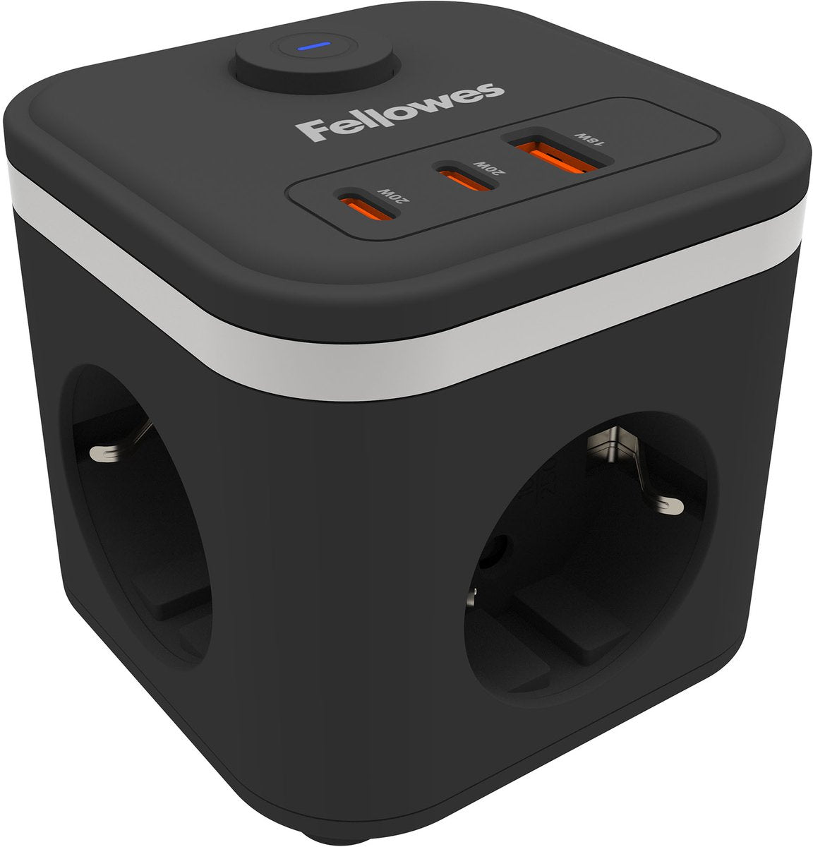 Fellowes power cube stekkerdoos –type f - 3 stopcontacten + usb-c usb-a – 2m kabel – met schakelaar – kubus verlengsnoer