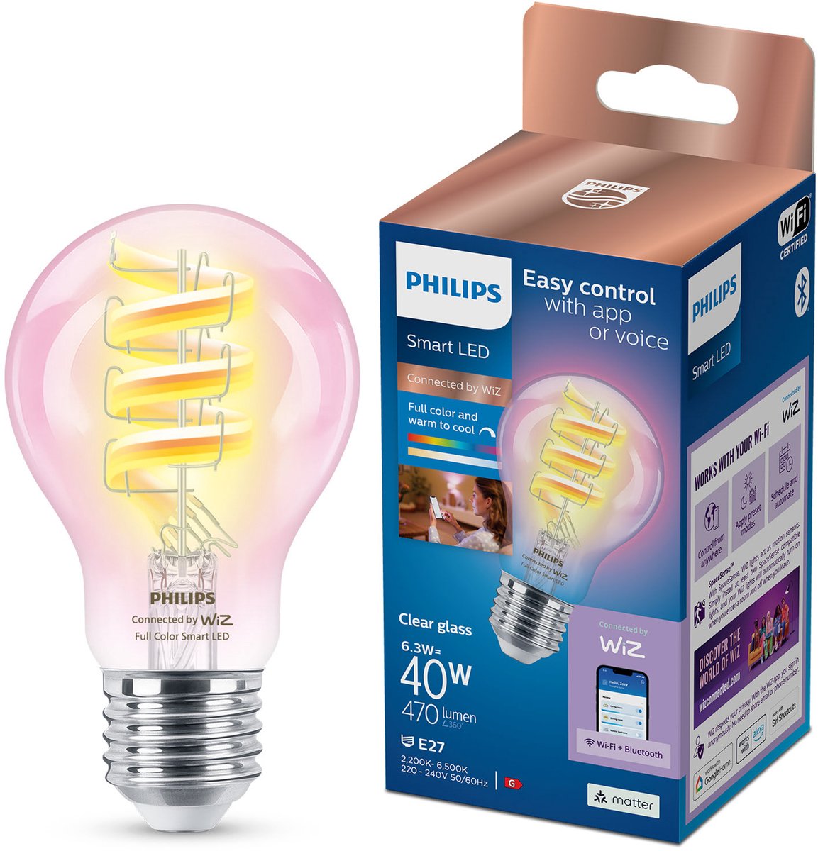 Philips led philips smart lighting - led-filamentlamp - e27 fitting - rgb - gekleurd en instelbaar wit licht - dimbaar - 40w - standaard lampvorm: a60 - helder glas - wifi
