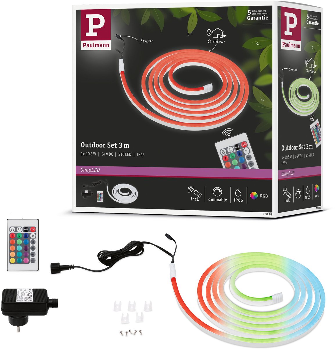 Paulmann simpled outdoor led strip 3 meter rgb - plug play set - 19,5w - 24v - wit - kunststof