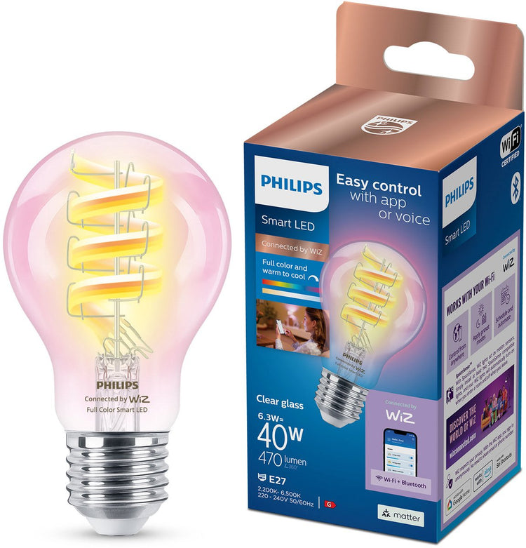 Philips led philips smart led lamp filament - slimme led-verlichting - gekleurd en wit licht - e27 - transparant - 40w - wi-fi