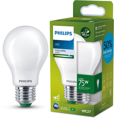 Philips led philips ultraefficient led lamp - mat - 75w - e27 fitting - koelwit licht: 4000k - bespaar op energiekosten