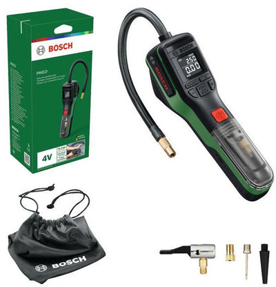 Bosch groen pneo 4v accu pomp (1x compact power 4v accu 3,0 ah, 1x snelkoppelingadapter, 1x ballennaaldadapter, 1x prestaventieladapter, 1x ballonadapter, 1x stoffen tas) - 0603947500