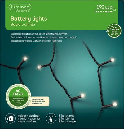 Decoris kerstverlichting - twinkle - op batterij - warm wit - buiten - 192 lampjes - boomverlichting