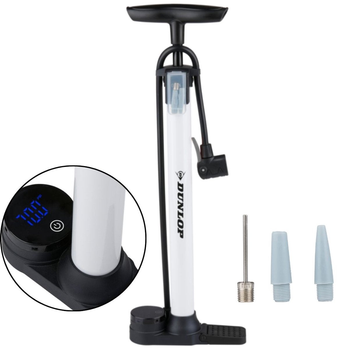 Dunlop digitale fietspomp met drukmeter - fiets pomp geschikt voor schrader presta ventiel - ballenpomp 120 psi 8.3 bar - inclusief ventieladapters en naald