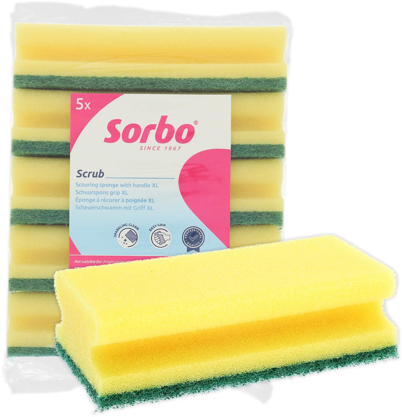 Sorbo schuurspons jumbo – set van 5 stuks – extra grote spons met handgreep – viscose spons met groen schuurvlak – voor hardnekkig vuil vet