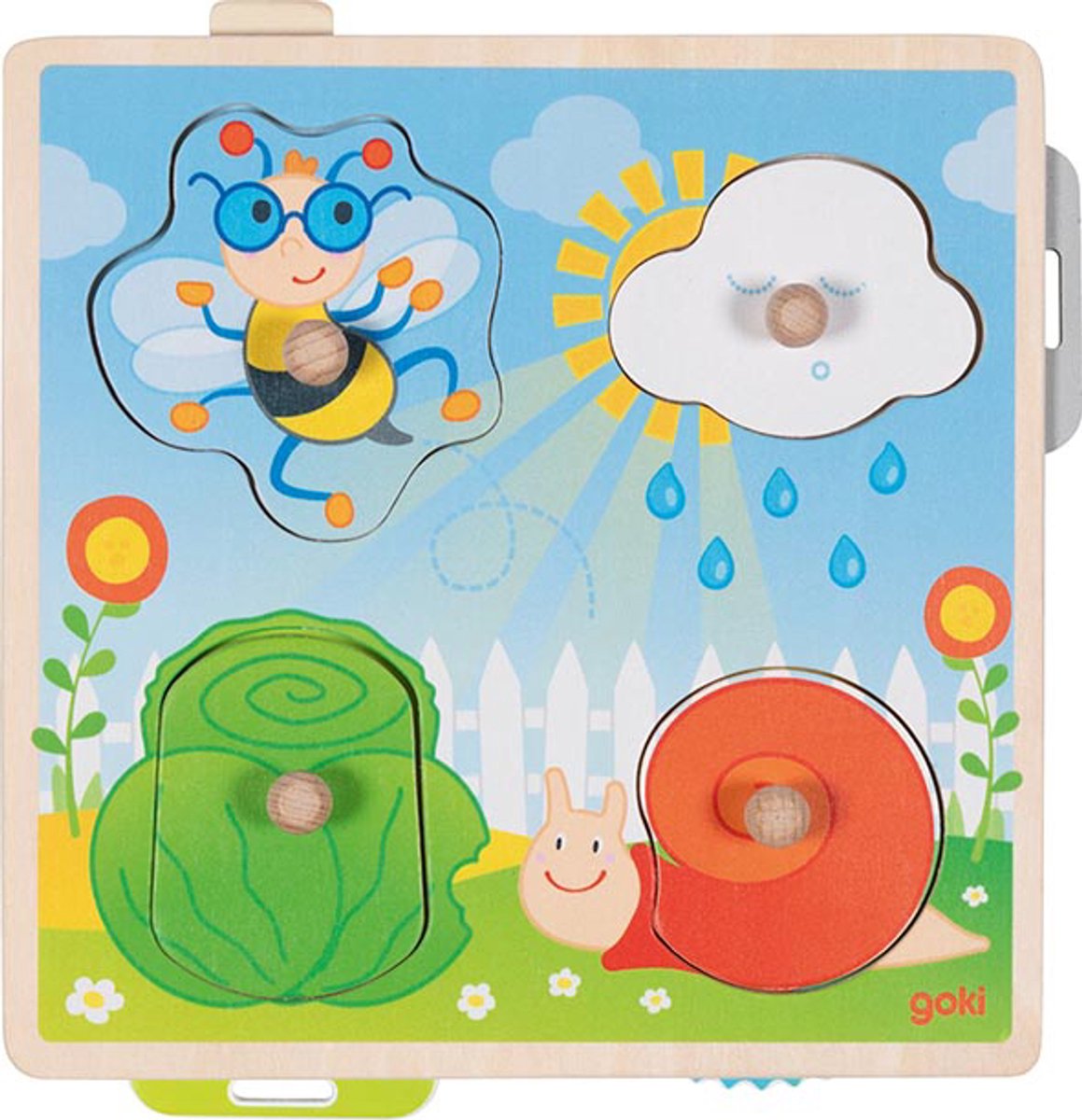 Goki puzzel: in de tuin 21,8x22,5x2,8cm, 4-delig, met achtergrondafbeeldingen, hout, 1+