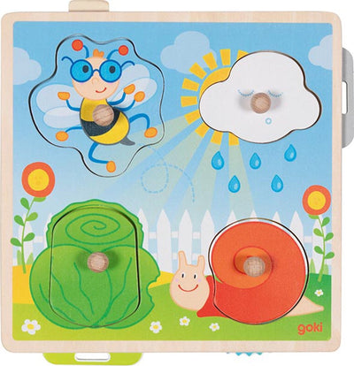 Goki puzzel: in de tuin 21,8x22,5x2,8cm, 4-delig, met achtergrondafbeeldingen, hout, 1+