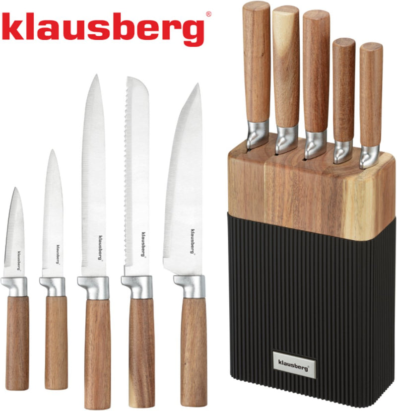 Klausberg kb-7981 6 delig messenset - 5 messen met acacia houten blok - roestvrij staal zwart - messenblok inclusief messen - natuurlijke look - koksmes - broodmes -