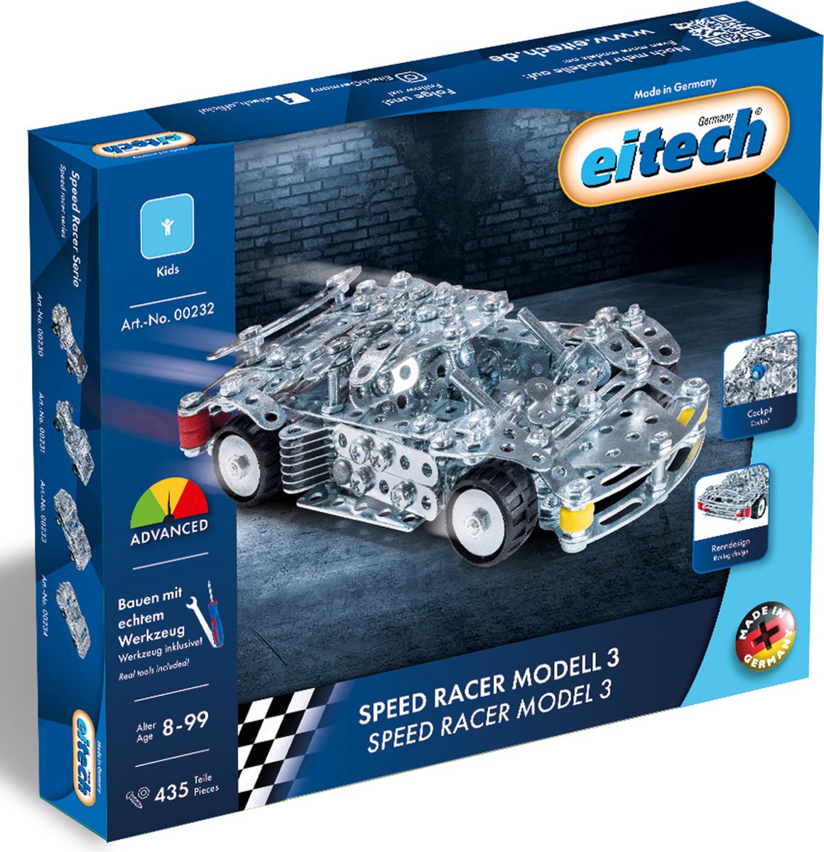 Eitech ® bouwdoos – speed racer model 3 – 435-delig – metalen bouwpakket met gereedschap – constructiespeelgoed – vanaf 8 jaar