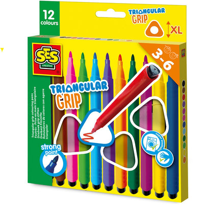Ses creative driehoek grip stiften met ergonomische grip - 12 kleuren - vanaf 3 jaar - tekenen - goed uitwasbaar - schoencadeautjes sinterklaas