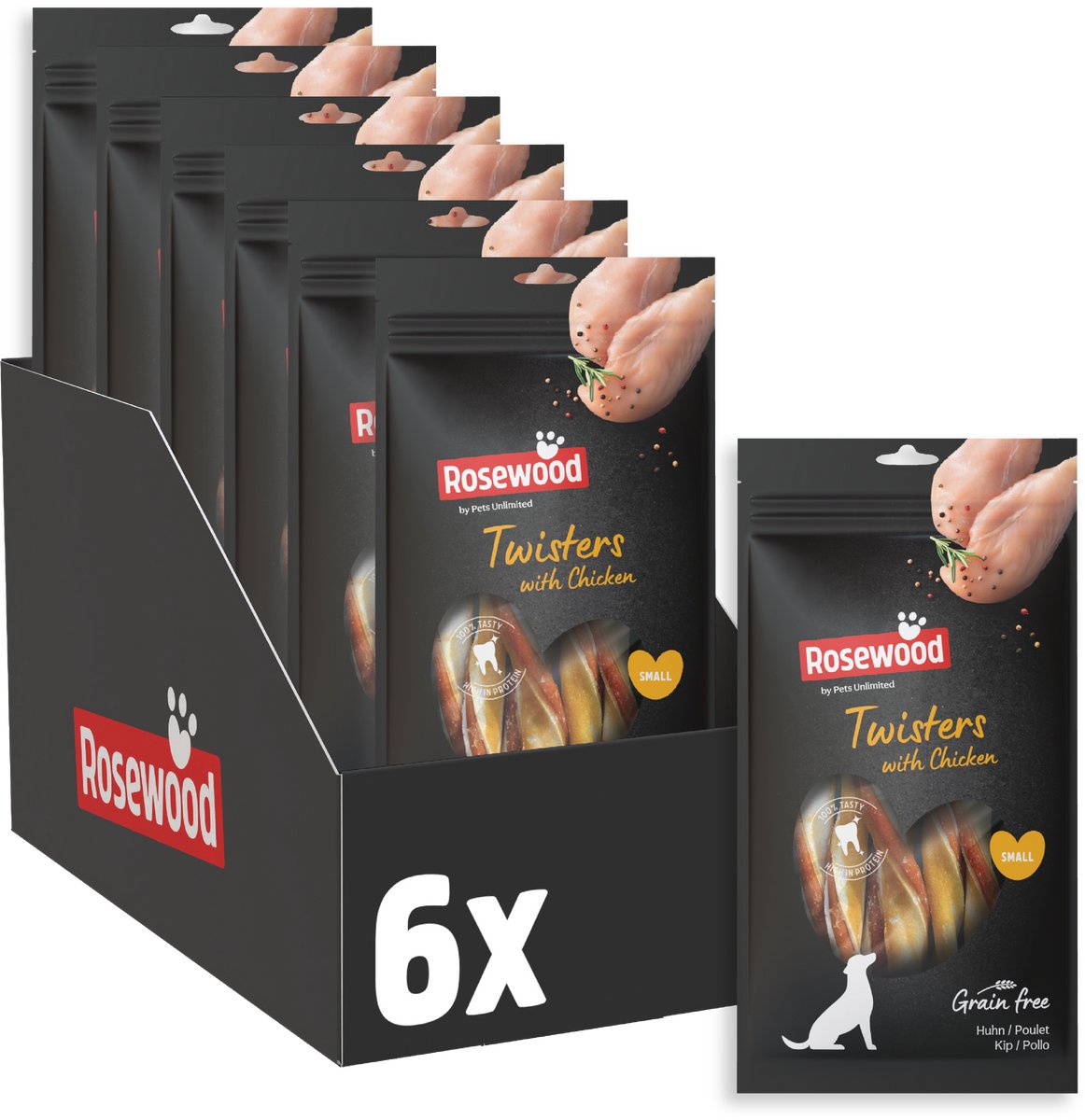 Rosewood twisters kip small - kauwstaven voor kleine honden - met kip runderhuid - graanvrij glutenvrij - zonder kunstmatige toevoegingen - 6 zakjes à 90g