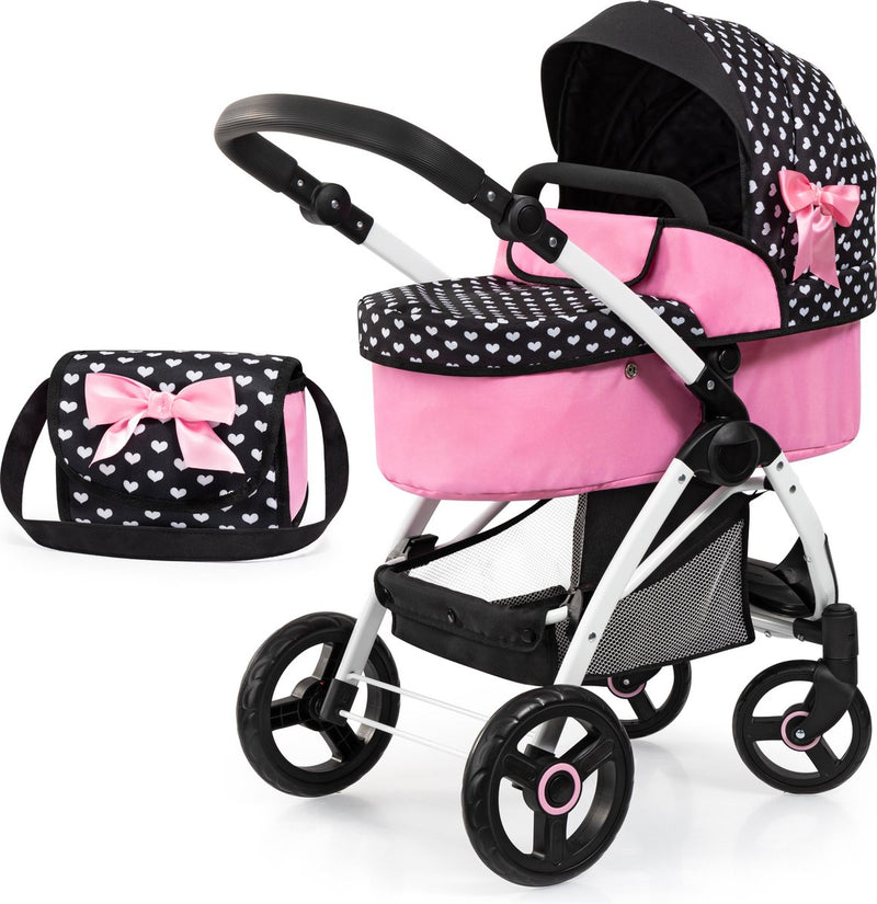 Bayer design poppenwagen city max met tas, in hoogte verstelbaar, zwenkwielen voor, omvormbaar tot buggy, geïntegreerde mand in zwart wit roze
