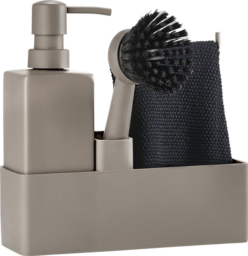 Zone denmark afwasset 19 x 6 x 20,5 cm met vaatdoekje, keramieke zeepdispenser en afwasborstel- 4 stuks taupe - afwas set