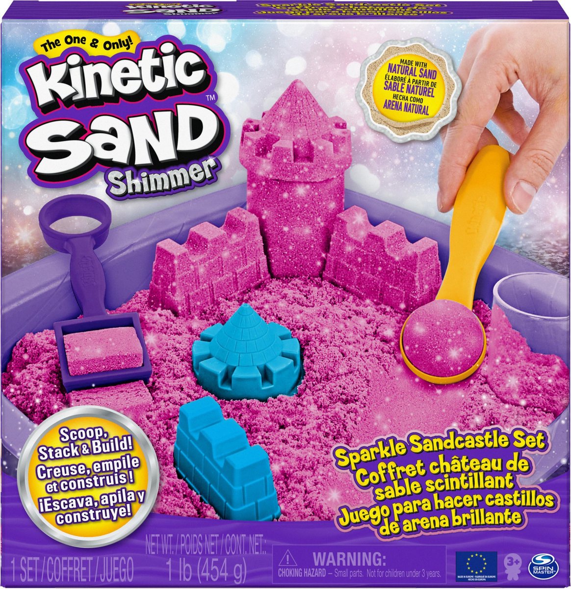 Kinetic sand shimmer - zandkasteel-set met 453 g roze glinsterend origineel 3 vormpjes en 2 stuks gereedschap - sensorisch speelgoed