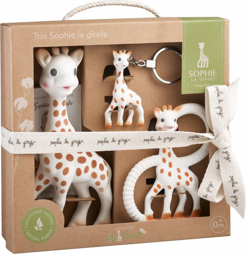 Sophie la girafe sophie de giraf so'pure trio - cadeauset - bijtspeelgoed - babyspeelgoed - 100% natuurrubber - 3-delig - kraamcadeau - babyshower cadeau - in gerecyled geschenkdoosje met organic katoenen strikje