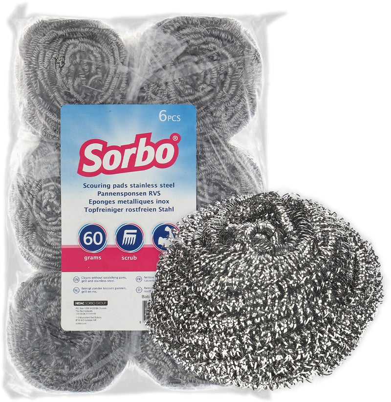 Sorbo – schuurspons metaal – set van 6 stuks – sterke rvs schuursponsjes 60 gram – verwijdert hardnekkig vuil van pannen, oven grill