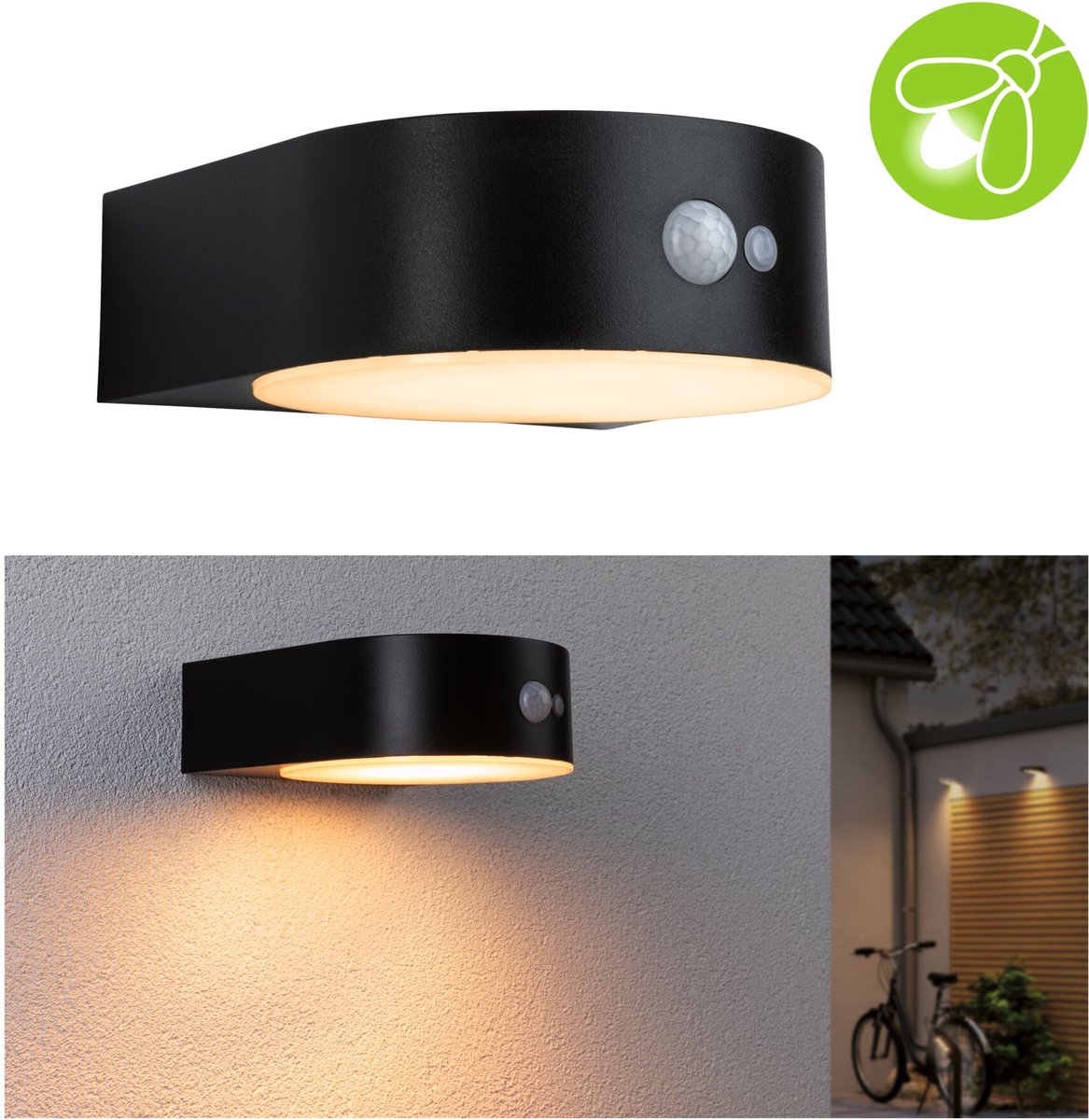 Paulmann solar led-wandarmatuur voor buiten eileen bewegingsmelder insectvriendelijk ip44 2200k 300lm zwart