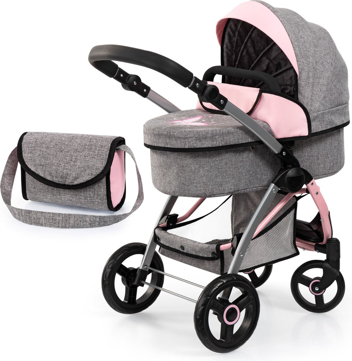 Bayer design city max poppenwagen met tas, in hoogte verstelbaar, zwenkbare voorwielen, kan worden omgebouwd tot een jogger, geïntegreerde mand, jeans-grijs, roze