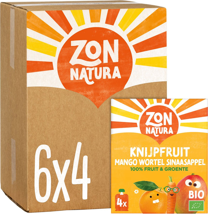 Zonnatura biologisch knijpfruit - mango wortel sinaasappel - 4 x 85g
