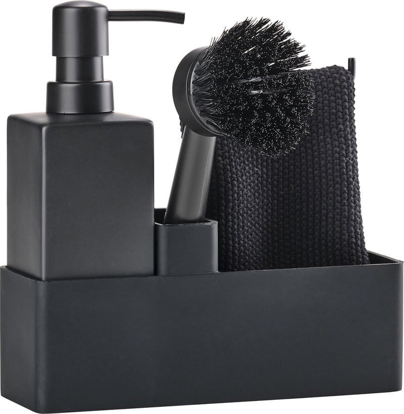 Zone denmark afwasset 19 x 6 x 20,5 cm met vaatdoekje, keramieke zeepdispenser, afwasborstel en keukenorganizer- 4 stuks black - afwas set