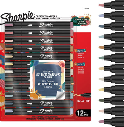 Sharpie creative marker acrylverf pennen | waterbasis verfmarkers | niet-doorlopende inkt schrijft op de meeste oppervlakken | kogelpunt | knutsel- en kunstbenodigdheden | warme tinten | 12 stuks